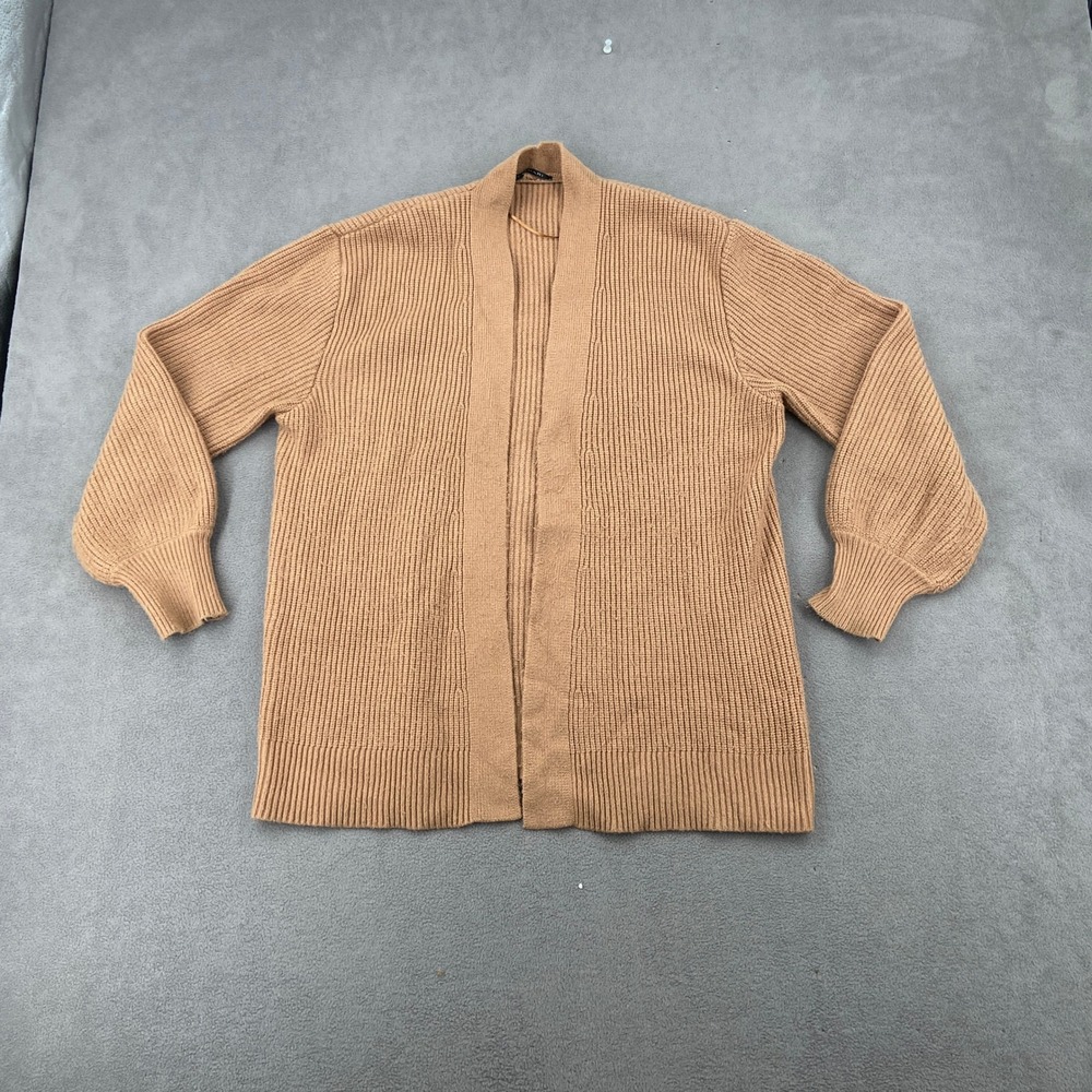T Tahari Ribbed Open Front Cardigan Camel Tan Balloon Sleeve Viscose Blend L